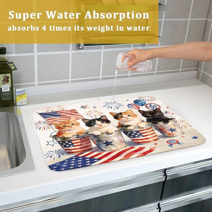 Vintage Patriotic Dish Drying Mat Cute Cats American Flag Drying Matt Kitchen Counter for Home Decor - Image 7