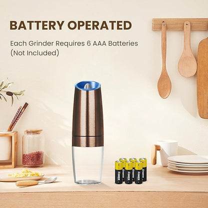 Gravity Electric Salt And Pepper Grinder Set, Automatic Salt And Pepper Grinder Set, Battery Powered (6 AAA Batteries Each), Adjustable Roughness, LED Light, 2 Pack, (Copper) - Image 2