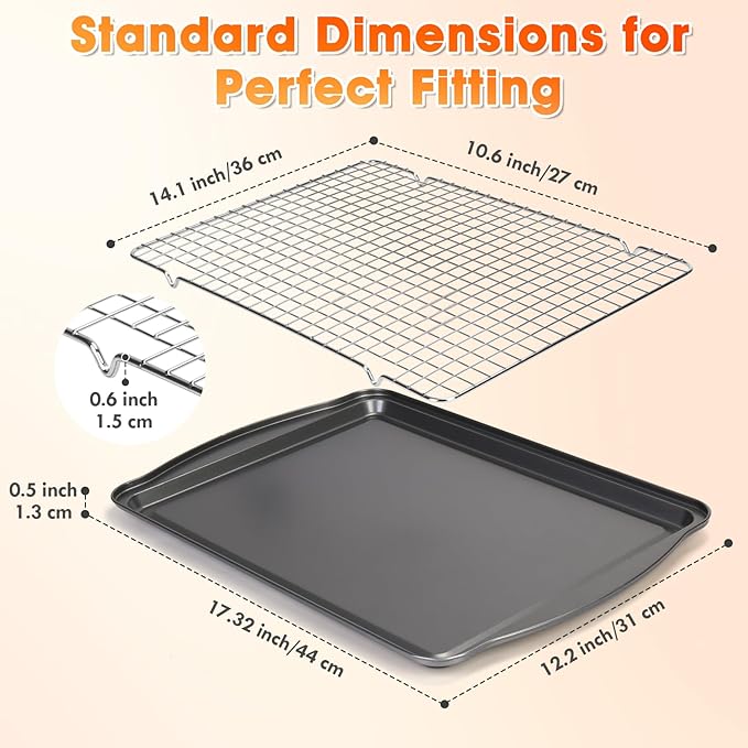 Baking Sheet with Wire Rack, 17 x 12 Inch Nonstick Cookie Sheets Pan Set with Cooling Racks for Cooking and Baking, Carbon Steel Baking & Cookie Sheet Pan Oven Tray Non Toxic (2 Pans + 2 Raised Racks)
