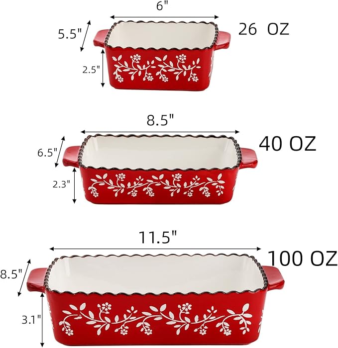 AVLA 3 Pack Ceramic Bakeware Set, Porcelain Rectangular Baking Dish Lasagna Pans for Cooking, Kitchen, Casserole Dishes, Cake Dinner, 12 x 8.5 x 6 Inches of Baking Pans, Banquet and Daily Use, Red - Image 2