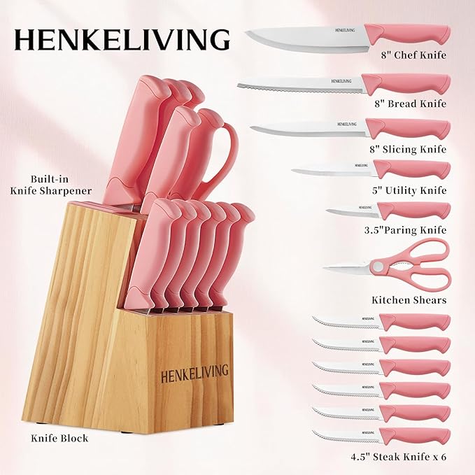 Knife Set, 14-Piece Kitchen Knives Set with Block, Built-in Sharpener, German High Carbon Stainless Steel, Ergonomic Non-Slip Handles, Peach Pink - Image 2