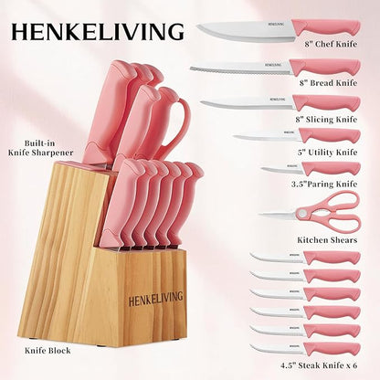 Knife Set, 14-Piece Kitchen Knives Set with Block, Built-in Sharpener, German High Carbon Stainless Steel, Ergonomic Non-Slip Handles, Peach Pink - Image 2