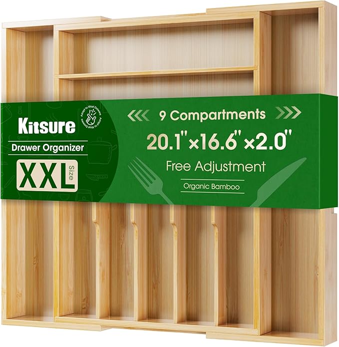 Kitsure Silverware Organizer - Expandable Bamboo Kitchen Drawer Organizer for Cooking Utensils and Cutlery, Sturdy & Thickened Kitchen Organizers and Storage Solution, XX-Large, Natural by Kitsure