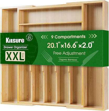 Kitsure Silverware Organizer - Expandable Bamboo Kitchen Drawer Organizer for Cooking Utensils and Cutlery, Sturdy & Thickened Kitchen Organizers and Storage Solution, XX-Large, Natural by Kitsure