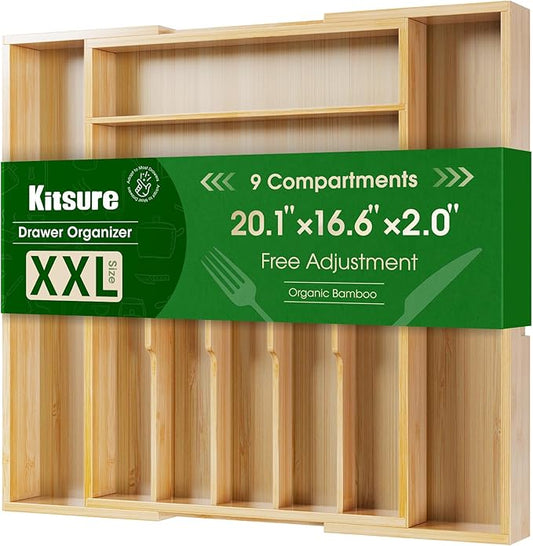 Kitsure Silverware Organizer - Expandable Bamboo Kitchen Drawer Organizer for Cooking Utensils and Cutlery, Sturdy & Thickened Kitchen Organizers and Storage Solution, XX-Large, Natural by Kitsure