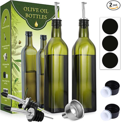 AOZITA [2 PACK 17 oz Glass Olive Oil Dispenser Bottle Set - 500ml Dark Green Oil & Vinegar Cruet Bottle with Pourers, Funnel and Labels - Olive Oil Carafe Decanter for Kitchen by AOZITA