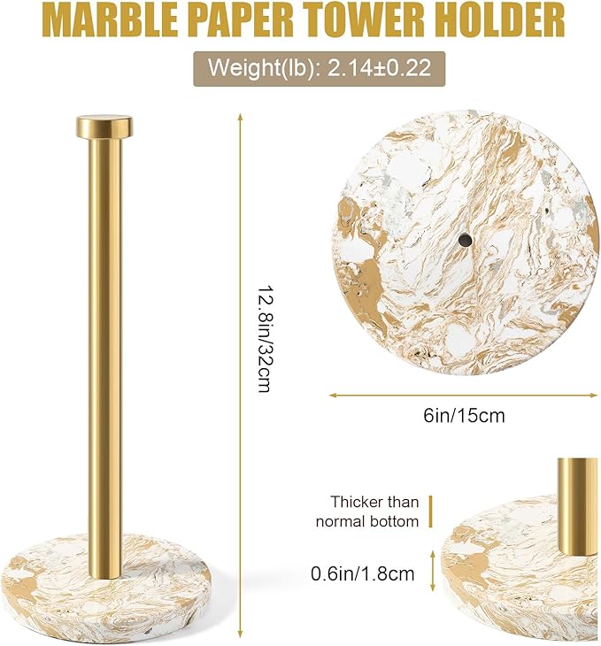 Koville Paper Towel Holder Countertop, Standing Paper Roll Holder with 6" Weighted Marble Base, Stone Paper Towel Holder with Gold Stainless Steel Rod for Kitchen Bathroom((Arabescato Doro)