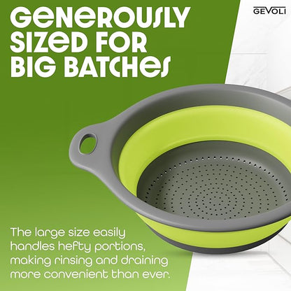 Gevoli Large Collapsible Colander with Self Draining Base - 5Qt Side Drain Food Strainer for Edge of Kitchen Sink (Patent Pending) Green (2 Piece Set) - Image 7