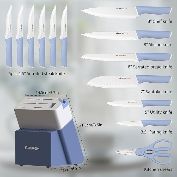 Astercook Kitchen Knife Set with Block and Sharpener 15 Piece German High Carbon Stainless Steel Knives Sharp Blade Dishwasher Safe Deba Knives with Ergonomic Handle, Delicate Blue - Image 5