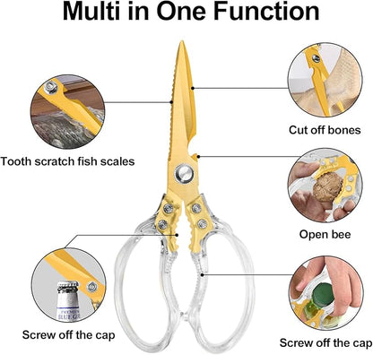 CGBE Kitchen Scissors, Multi-Purpose Kitchen Shears, Heavy Duty Food Scissors for Chicken, Poultry, Fish, Meat & Herbs with Non-Slip Grips - Transparent Gold - Image 2