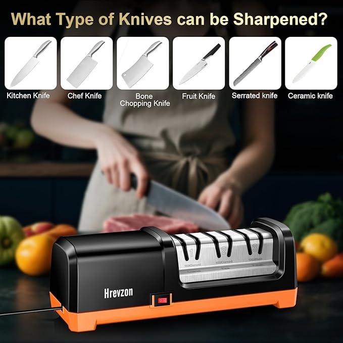 Knife Sharpener Electric for Kitchen Knives, with 100% Diamond Abrasives and Precision Angle Guides, 3-Stage Professional Automatic Quickly Sharpening/Polishing, Black/Orange - Image 6