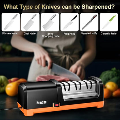 Knife Sharpener Electric for Kitchen Knives, with 100% Diamond Abrasives and Precision Angle Guides, 3-Stage Professional Automatic Quickly Sharpening/Polishing, Black/Orange - Image 6