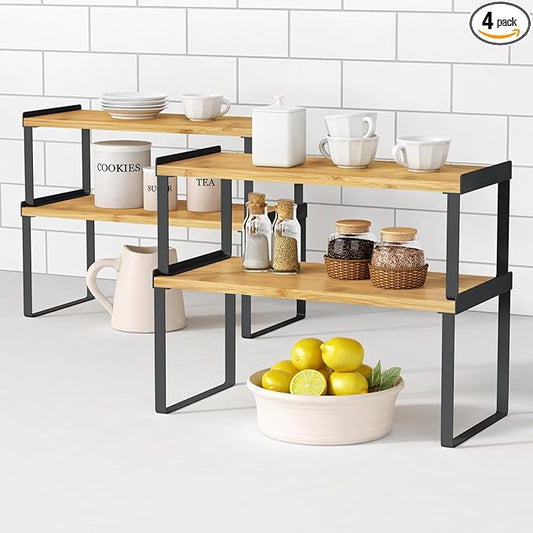 Goozii Kitchen Cabinet Organizer Shelf Set of 4, Stackable Pantry Cupboard Countertop Storage and Organizer, Desk Shelf Riser, Spice Plate Cup Expandable Storage Rack,(Black Bamboo) Large