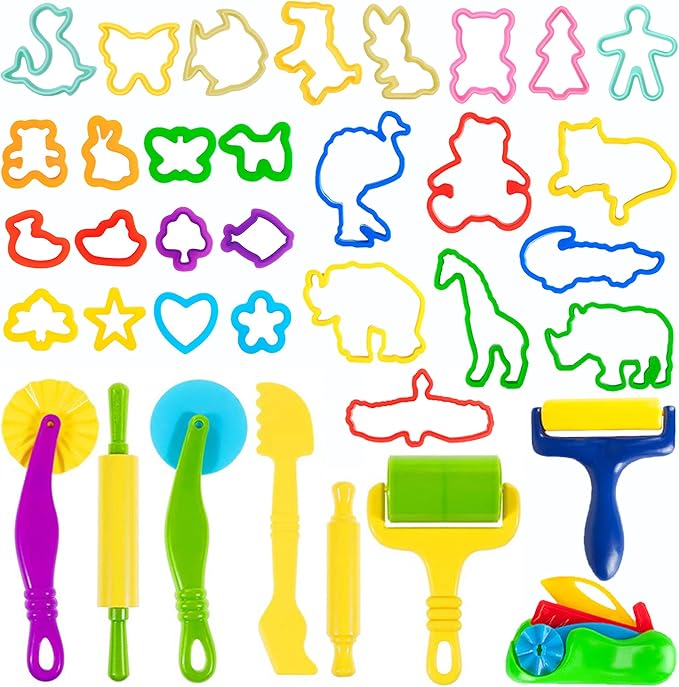 36-Piece Dough Tool Set for Kids Ages 3-8 – Includes Animal Cutters, Rolling Pins, Rollers, Random Colors by OunNana