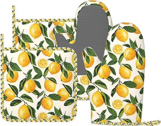 Oven Mitts and Pot Holders Set, Lemon Fruit Watercolor Silicone Kitchen Accessories 4 Piece Heat Resistant Long Gloves Potholder Non-Slip Grip for Chef Cooking Baking Grilling BBQ