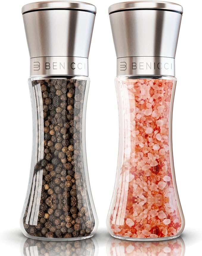 Premium Salt and Pepper Grinder Set of 2 - Two Refillable Stainless Steel Sea Salt & Spice Shakers with Adjustable Coarse Mills - Easy Clean Ceramic Grinders w/BONUS Silicone Funnel & Cleaning Brush by BENICCI