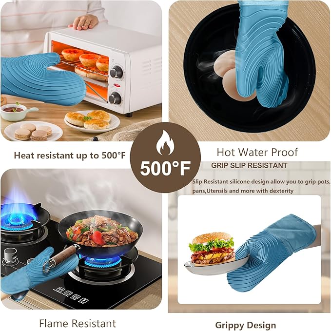 Silicone Oven Mitts-13.6 in Extended Oven Mitts Heat Resistant 500F, Oven Gloves with Soft Liner Good Grippy BPA-Free Easy to Clean Flexible-Oven Mits Set for Cooking Baking Grilling BBQ - Image 4