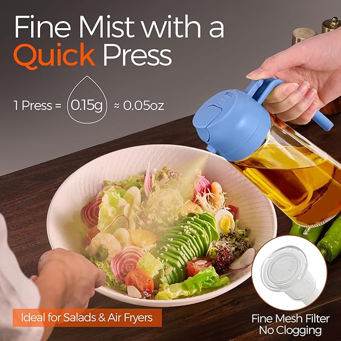YARRAMATE 16oz/470ml Glass Olive Oil Sprayer for Cooking with Stickers, 2 in 1 Oil Dispenser for Kitchen Gadgets, Food Grade Premium Spray Bottle with Portion Control for Salad, BBQ(SkyBlue) - Image 2