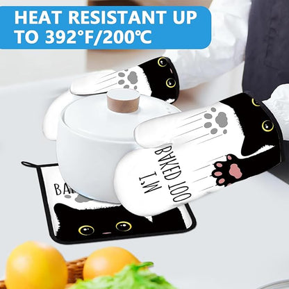 Funny Black Cat Oven Mitts and Pot Holders Sets Heat Resistant 4Pcs Potholders Oven Gloves Hot Pads for Kitchen Baking Cooking Grilling BBQ