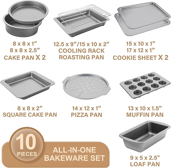 HONGBAKE Bakeware Sets, Baking Pans Set, Nonstick Oven Pan for Kitchen with Wider Grips, 10-Piece Including Rack, Cookie Sheet, Cake Pans, Loaf Pan, Muffin Pan, Pizza Pan - Sliver - Image 3