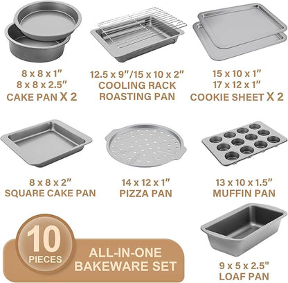 HONGBAKE Bakeware Sets, Baking Pans Set, Nonstick Oven Pan for Kitchen with Wider Grips, 10-Piece Including Rack, Cookie Sheet, Cake Pans, Loaf Pan, Muffin Pan, Pizza Pan - Sliver - Image 3