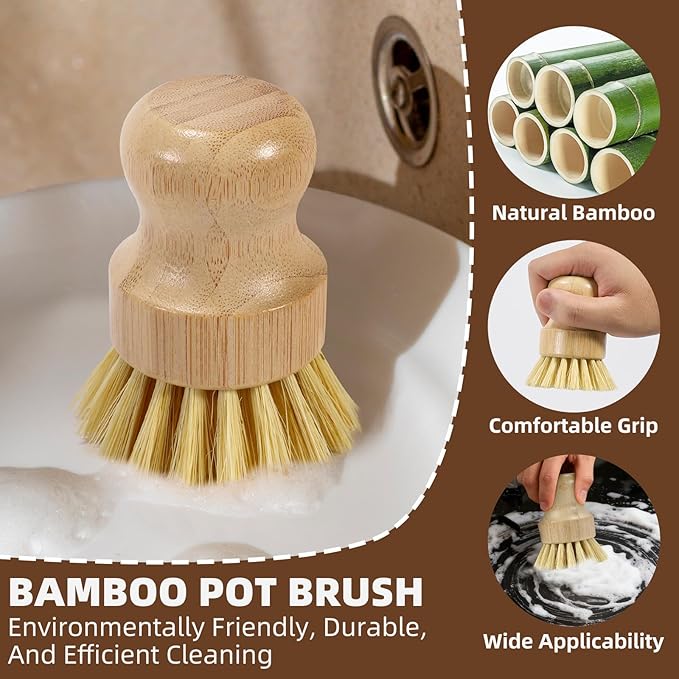 SAMEBUTECO 6-Piece Bamboo Dish Brush Set with Fast-Dry Stainless Steel Holder,3xNatural Sisal Bristle Brush & 1xPalm Bristle Kitchen Cleaning Brushes for Dishes, Pots, Pans & Sink - Image 4