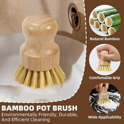 SAMEBUTECO 6-Piece Bamboo Dish Brush Set with Fast-Dry Stainless Steel Holder,3xNatural Sisal Bristle Brush & 1xPalm Bristle Kitchen Cleaning Brushes for Dishes, Pots, Pans & Sink - Image 4