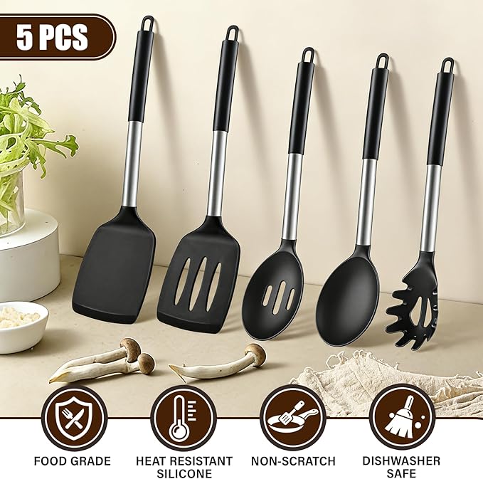 5Pcs Silicone Cooking Utensils Set, Heat Resistant Kitchen Tools Include Solid&Slotted Spatula, Cooking Spoon and Pasta Server, Silicone Kitchen Utensils set for Nonstick Cookware Flipping, Black - Image 4