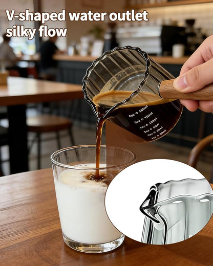 Espresso Measuring Cup 6 Oz, Espresso Glass Cups with Wood Handle, Milk Frothing Cup, Espresso Cup for Coffee, Milk, Tea or Maple Syrup Serving