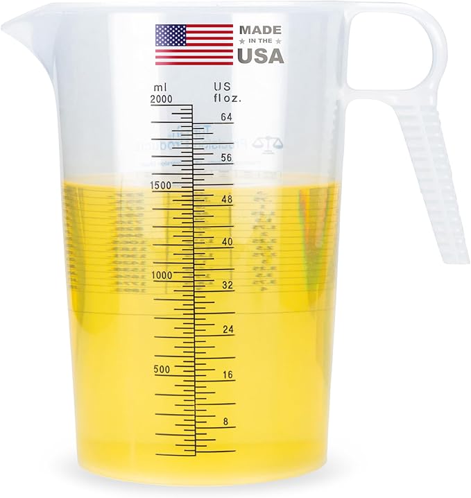 Half Gallon 64oz (2 quart) Measure Pitcher- Conversion Chart-Strong Food Grade - Resistant to Chemicals- Great for Lawn, Pool & Spa, Ag, Home Hobbies, Lye, Cooking, Shop Motor Oil Fluids Made In USA by Turnah