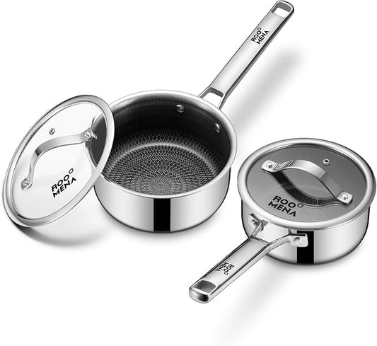 Nonstick Sauce Pan with Lid, Non-Toxic Tri-Ply Hybrid Ceramic Saucepan, 1.5&2.5 Quart Stainless Steel Pans, PFAS/PFOA/PTFE Free, Dishwasher & Oven Safe, Induction Compatible by Roomena