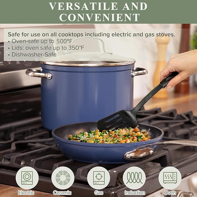 Nuwave Healthy Duralon Blue Ceramic Nonstick 12pc Cookware Set,Diamond Infused Scratch-Resistant,PFAS Free,Dishwasher & Oven Safe,Induction Ready & Evenly Heats, Tempered Glass Lids, Stay-Cool Handles - Image 3