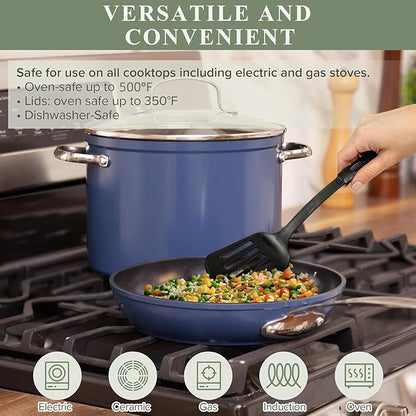 Nuwave Healthy Duralon Blue Ceramic Nonstick 12pc Cookware Set,Diamond Infused Scratch-Resistant,PFAS Free,Dishwasher & Oven Safe,Induction Ready & Evenly Heats, Tempered Glass Lids, Stay-Cool Handles - Image 3