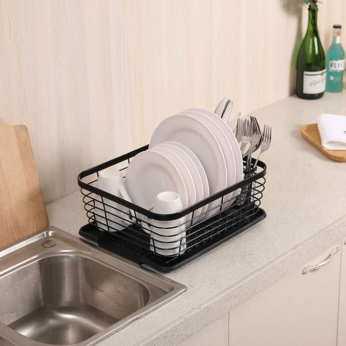 TQVAI Kitchen Dish Drainer Rack with Drying Board and Full-Mesh Silverware Utensils Holder, Black - Image 2