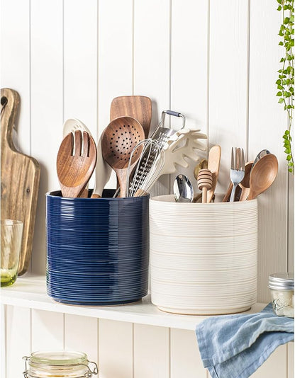 Large Utensil Holder for Kitchen Counter, 7.3” Ceramic Cooking Utensil Crocks for Spatula & Spoon, Farmhouse Kitchen Utensil Holder with Cork, Home Decor, Off-White