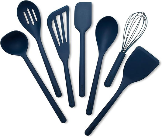 GreenPan Silicone 7 Piece Cooking Utensil Set, Ladle, Turners, Spatula, Spoons, Whisk, Flexible Nonstick Kitchen Tools Rigid Steel Core, Heat-Resistant, Anti-Slip Handle BPA-Free Dishwasher Safe, Blue by GreenPan
