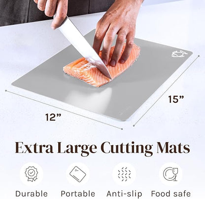 Cooler Kitchen Extra Thick Flexible Cutting Mat Set With Food Icons & EZ-Grip Back (Set Of 4 Mats) - Flexible Cutting Boards for Kitchen - Flexible Plastic Cutting Board Set (Black and White)…
