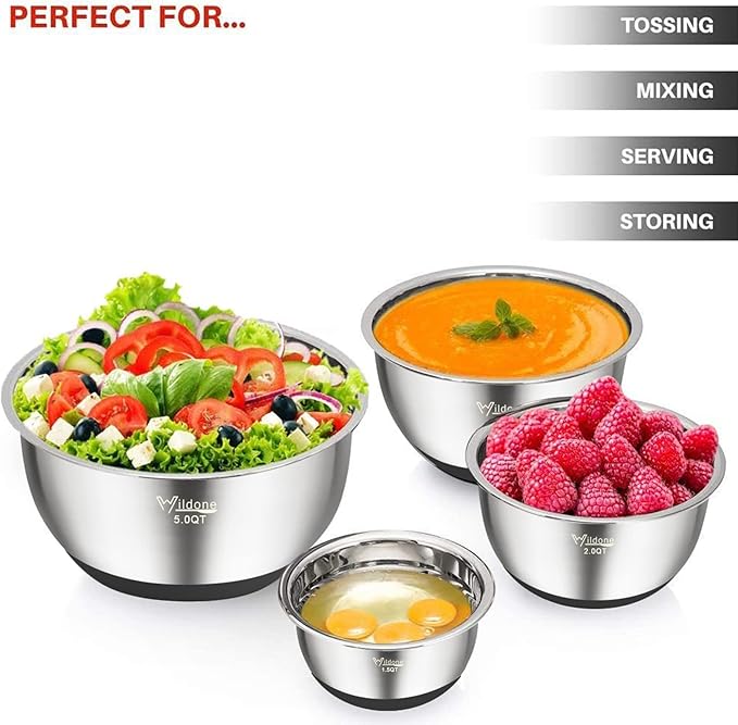 Wildone Mixing Bowls with Airtight Lids, Stainless Steel Nesting Mixing Bowls Set of 5, with Non-slip Silicone Bottoms, Size 8, 5, 3, 2, 1.5 QT, Stackable Design, Great for Mixing and Prepping - Image 6