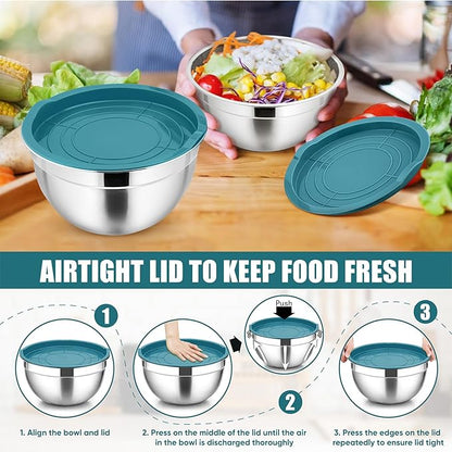 P&P CHEF Blue Mixing Bowls with Lids, Set of 3, Stainless Steel Salad Nesting Bowl for Mixing, Storing, Prepping, Airtight & Stackable, Size 4.6/3 /1.5 QT - Image 7
