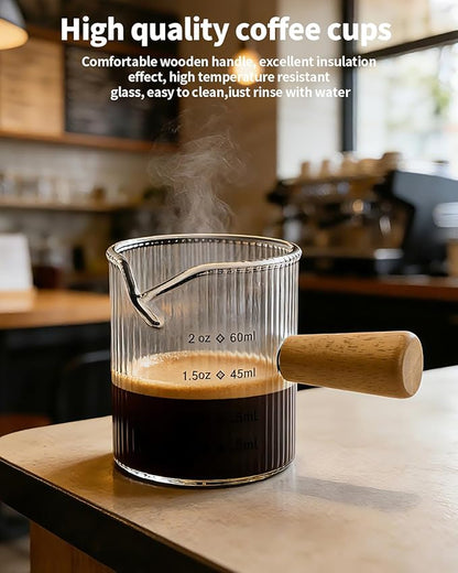 Espresso Measuring Cup 2 OZ, Espresso Glass Cups with Wood Handle, Milk Frothing Cup, Espresso Cup for Coffee, Milk, Tea or Maple Syrup Serving (Transparent, 2 oz)