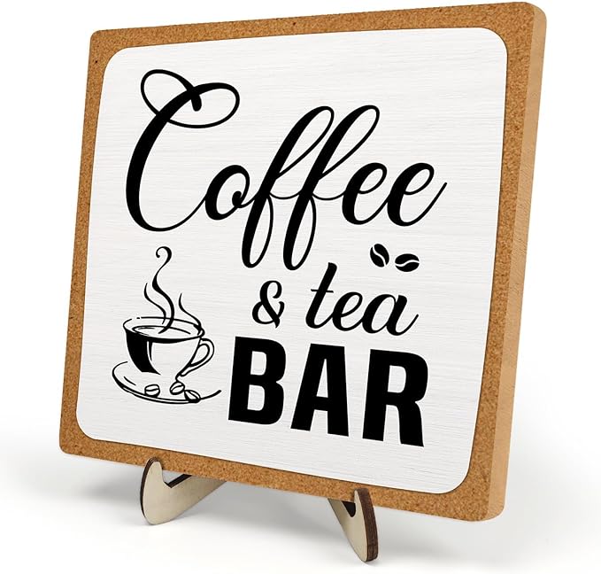 Rustic Coffee & Tea Bar Decor Sign,Funny Wooden Plaque for Cafe Bar,Coffee Station,or Shelf, Farmhouse Kitchen Cafe & Tea Accessories for Home or Office 5.9 x 5.9Inch(White+Brown04) by DMADNF