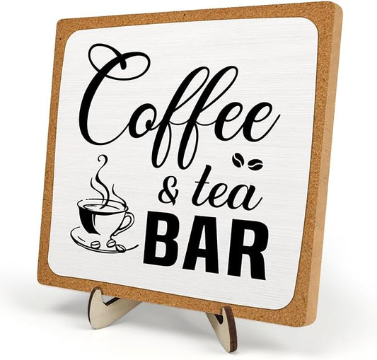 Rustic Coffee & Tea Bar Decor Sign,Funny Wooden Plaque for Cafe Bar,Coffee Station,or Shelf, Farmhouse Kitchen Cafe & Tea Accessories for Home or Office 5.9 x 5.9Inch(White+Brown04) by DMADNF