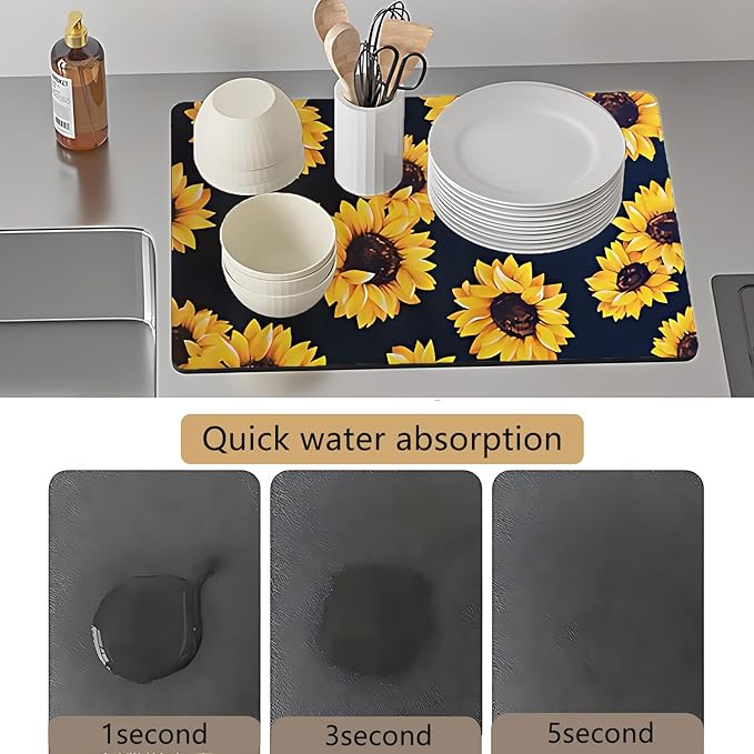 Dish Drying Mat Foldable Fall Kitchen Drying Mat Absorbent Sink Mat Multi-Purpose Coffee Pad Easy To Clean,Kitchen Gadgets,sunflower decor(sunflower) (12*16inches)