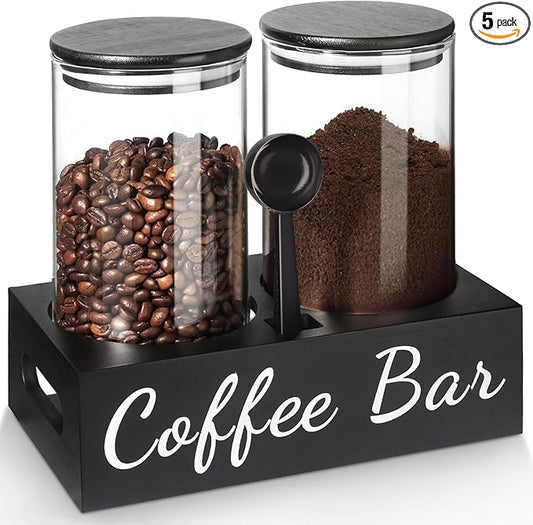 gmisun Coffee Container, 2 Pcs 50 Fl oz Airtight Bean Storage Canister, Black Glass Ground Coffee and Sugar Jar Set with Scoop/Shelf/Labels, Sugar/Tea Holder Containers for Cafe Bar Countertop