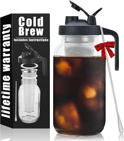 Cold Brew Mason Coffee Maker - 64oz Iced Coffee Pitcher with Stainless Steel Mixing Spoon & Super Dense Filter 3 Steps Finish Cold Brew Coffee, Classic BPA Free Sturdy Mason jar Pitcher Easy to Clean by Jrssae