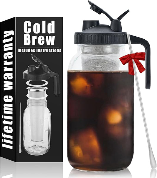 Cold Brew Mason Coffee Maker - 64oz Iced Coffee Pitcher with Stainless Steel Mixing Spoon & Super Dense Filter 3 Steps Finish Cold Brew Coffee, Classic BPA Free Sturdy Mason jar Pitcher Easy to Clean by Jrssae