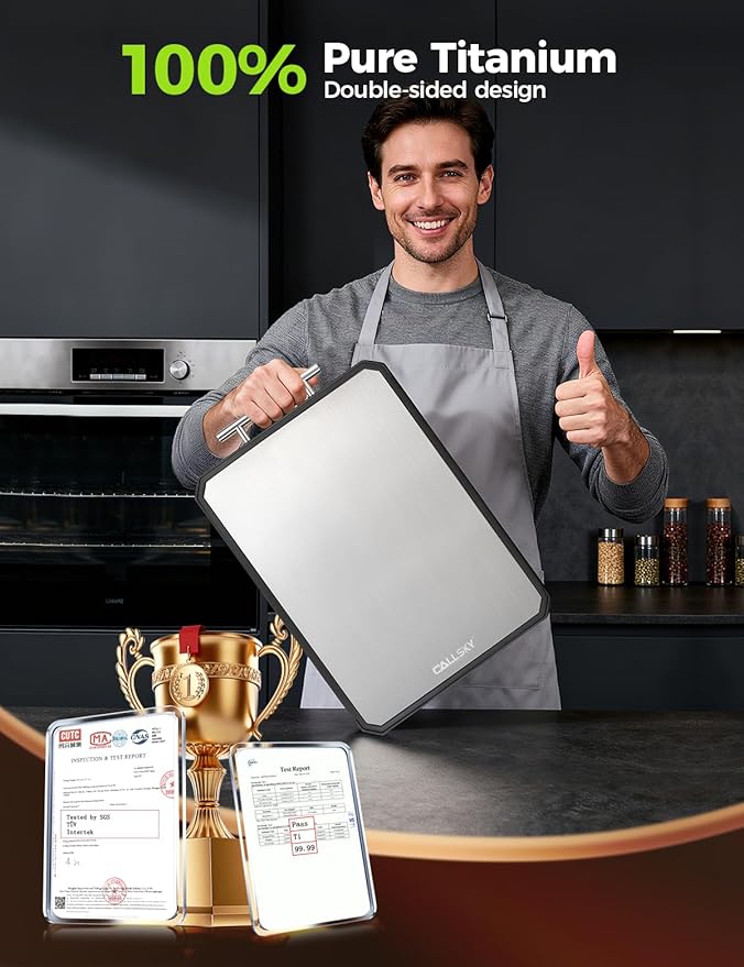 Titanium Cutting Board for Kitchen, Double Sided Non Toxic Titanium Cutting Board with JUICE GROOVE, Food-Grade Metal Chopping Board, Pure Titanium&Wheat Straw PP, Dishwasher Safe16.3”×11”-1 PC - Image 7
