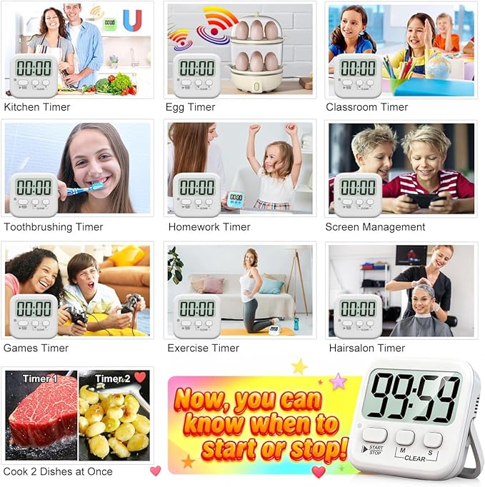 Antonki 2 Pack Digital Timer for Kids, Magnetic Countdown Kitchen Timers for Cooking, Egg, Classroom, Teacher, Exercise, Study, Oven - Battery Included - Image 7