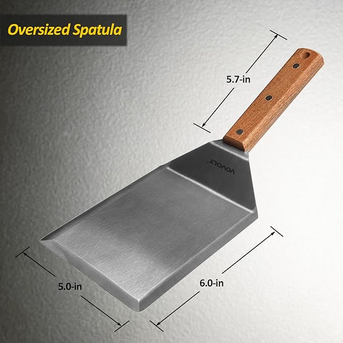 Extra Wide Spatula, Large Metal Spatula with Full Tang Wooden Handle & Beveled Edges for Skillets, Griddles & Grills, Pancake Flipper Turner, Smash Burgers Turner, 6 x 5-inches - Image 2