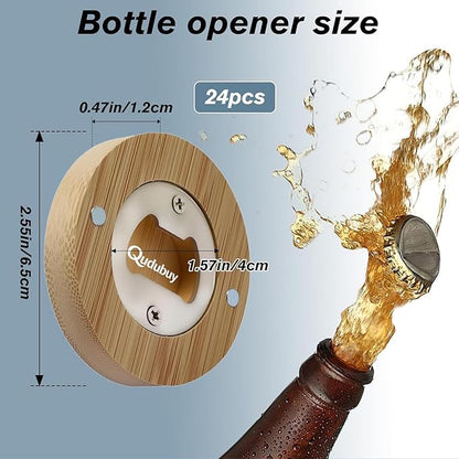 24 Pcs Magnetic Bottle Opener 2.5In DIY Bamboo Round Shape Beer Openers Wooden Fridge Magnet Refrigerator Sticker for Beer Lovers,Wedding Guests,Kitchens,Bars,Parties
